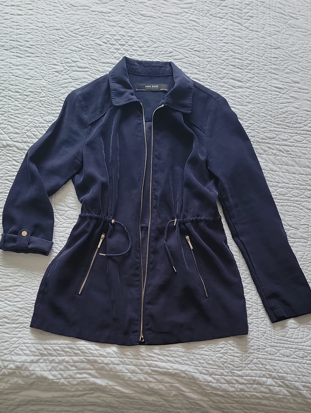 ZARA Basic Navy Blue Zip Front Drawstring Utility Jacket Size Medium